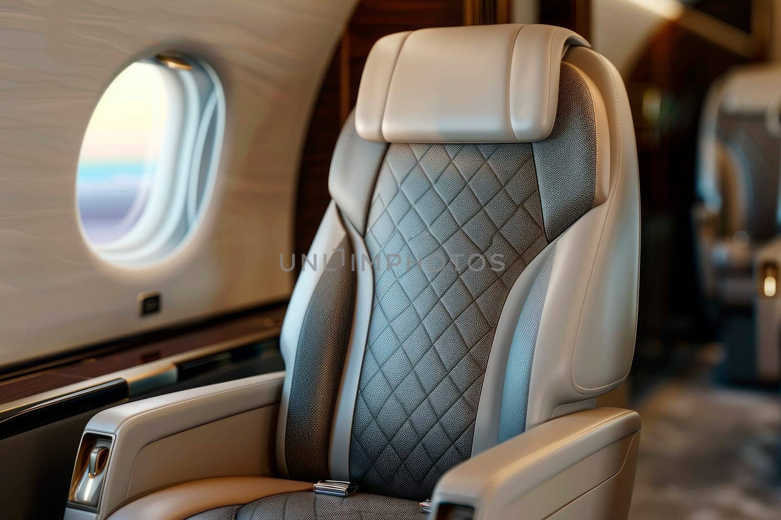 Luxury first class or business class suite on private airplane. Business comfort and eleglance chair when fly with airline. AI generated