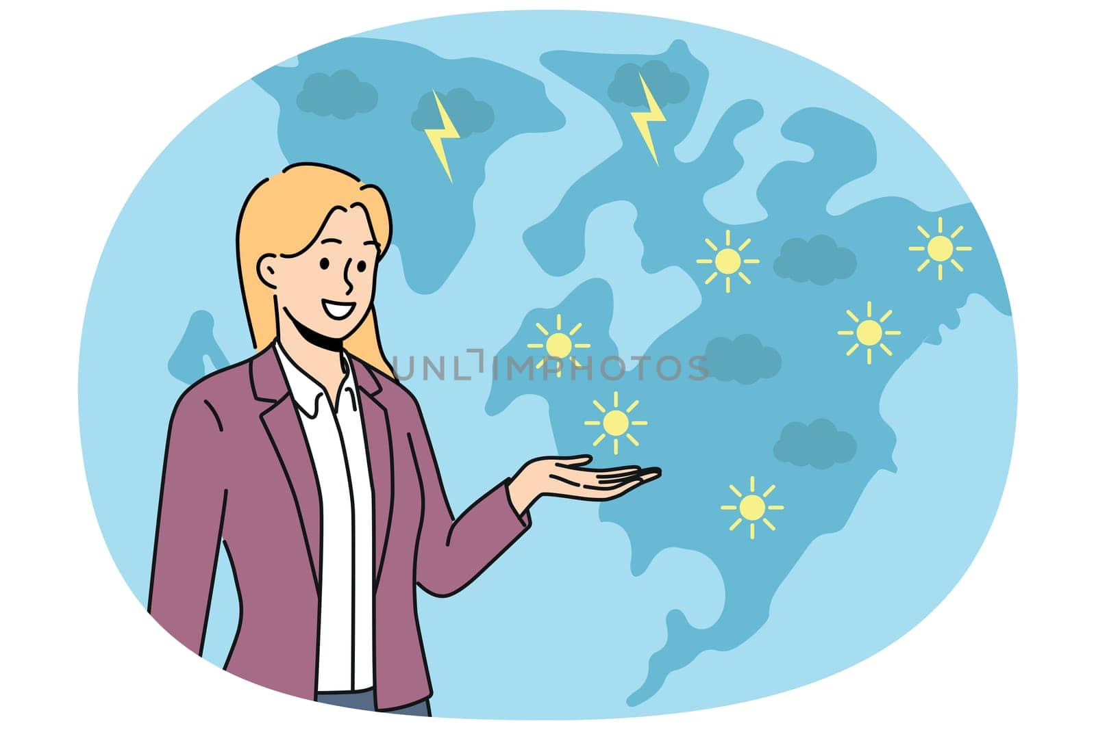 Synoptic woman gives weather forecast, participating in TV show after evening news release and talks about imminent warming. Girl synoptic speaking at television reminds of climate change