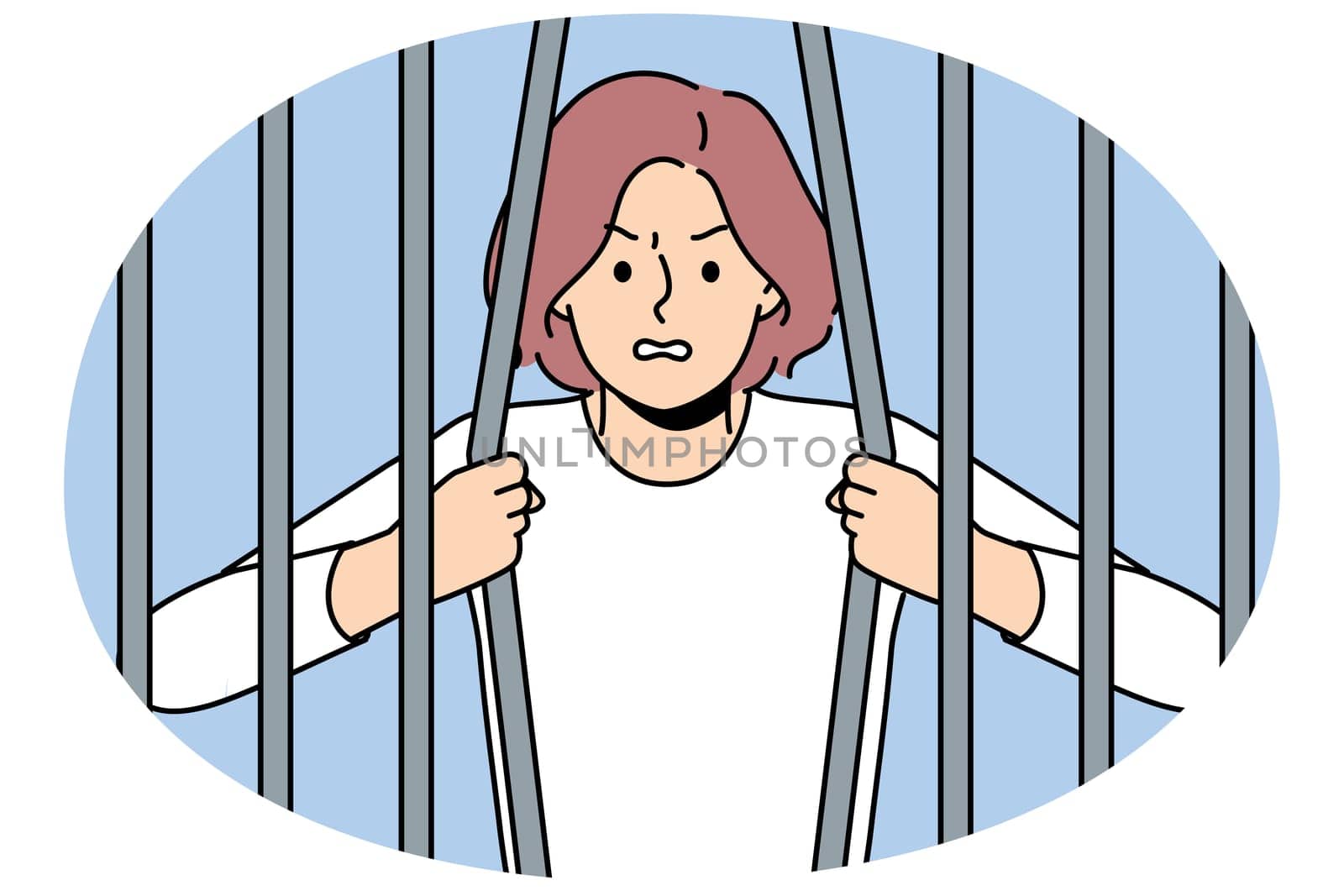 Woman prisoner breaks bars wanting to be released from captivity, for concept fight against discrimination and restrictions. Girl prisoner trying to escape from prison to avoid punishment for crimes