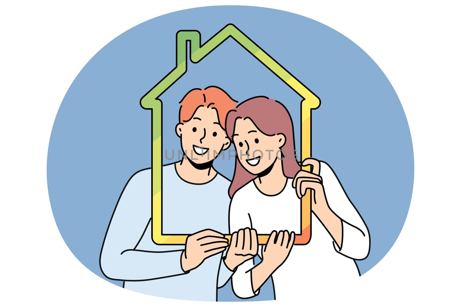 Man and woman with house outline symbolizing family property and sustainable energy efficient housing. Young couple recommends taking out mortgage or insuring house to avoid possible problems