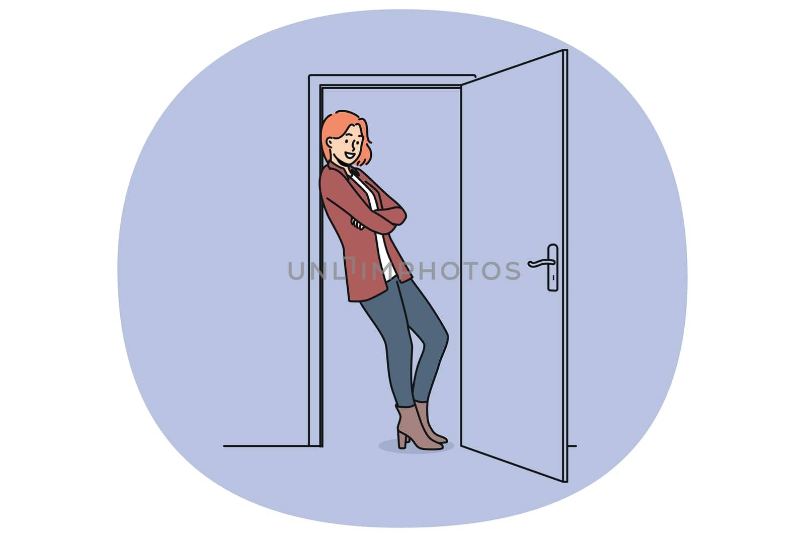 Cheerful woman stands in doorway with arms crossed and saying goodbye to guests. Girl is in doorway and looks at screen with smile, for concept of hospitality and friendship between neighbors