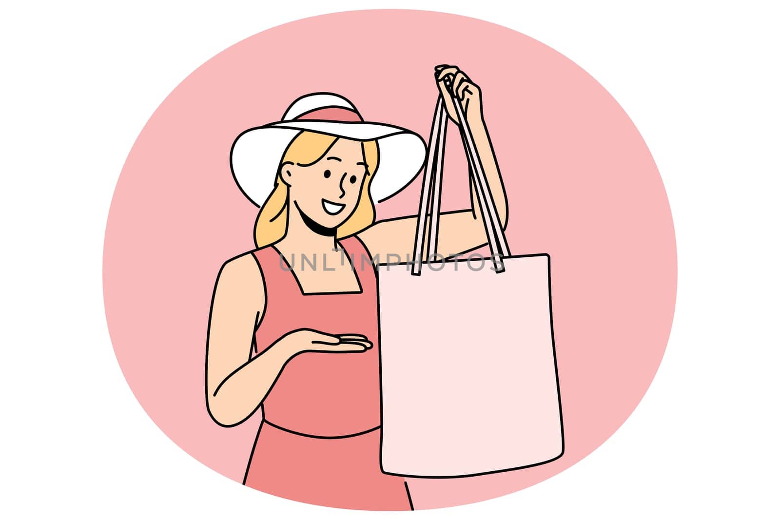 Woman holds textile bag recommending to refuse plastic disposable packages for shopping. Fashionable girl in hats demonstrates rag bag for comfortable visit to supermarket and care for nature.