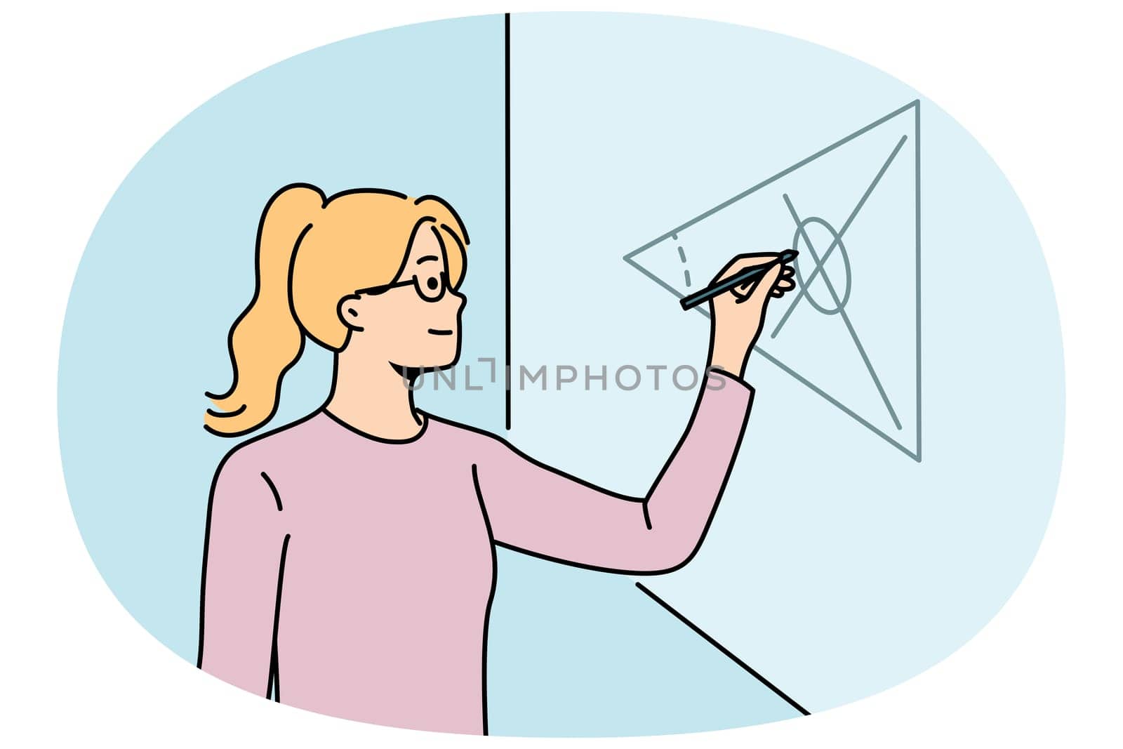 Girl student of mathematical school writes formulas on blackboard, solving complex equations at algebra olympiad. Young woman is fond of mathematics and study at university or college for education