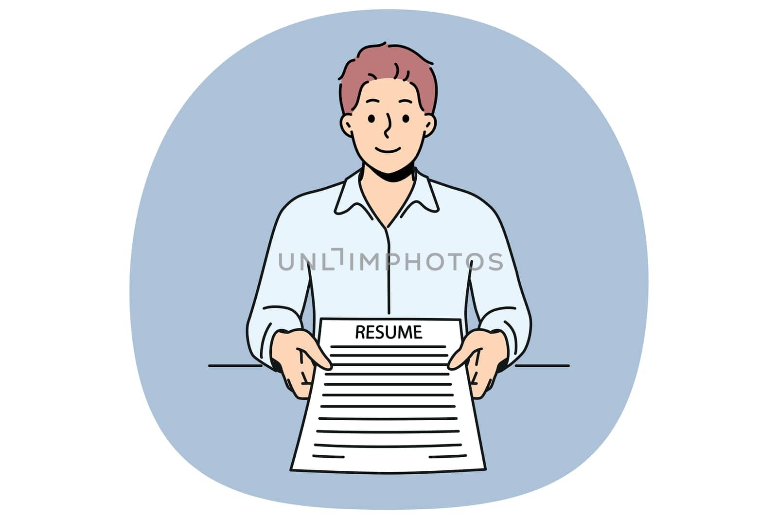Man applicant with resume in hands came to interview in company to get desired job with high salary. Ambitious guy with resume recommends familiarizing yourself with skills and personal data