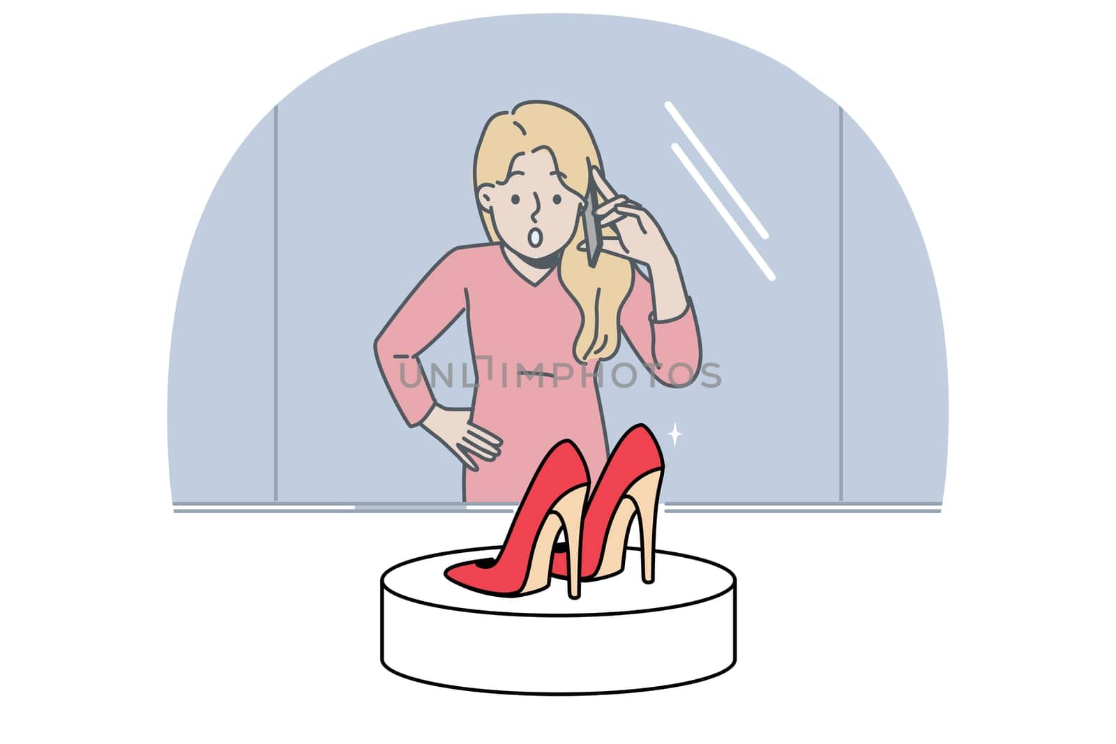Woman looks at shop window with high-heeled shoes and dreams of updating wardrobe and going shopping. Girl is surprised to learn about discounts or promotions for purchase of shoes.