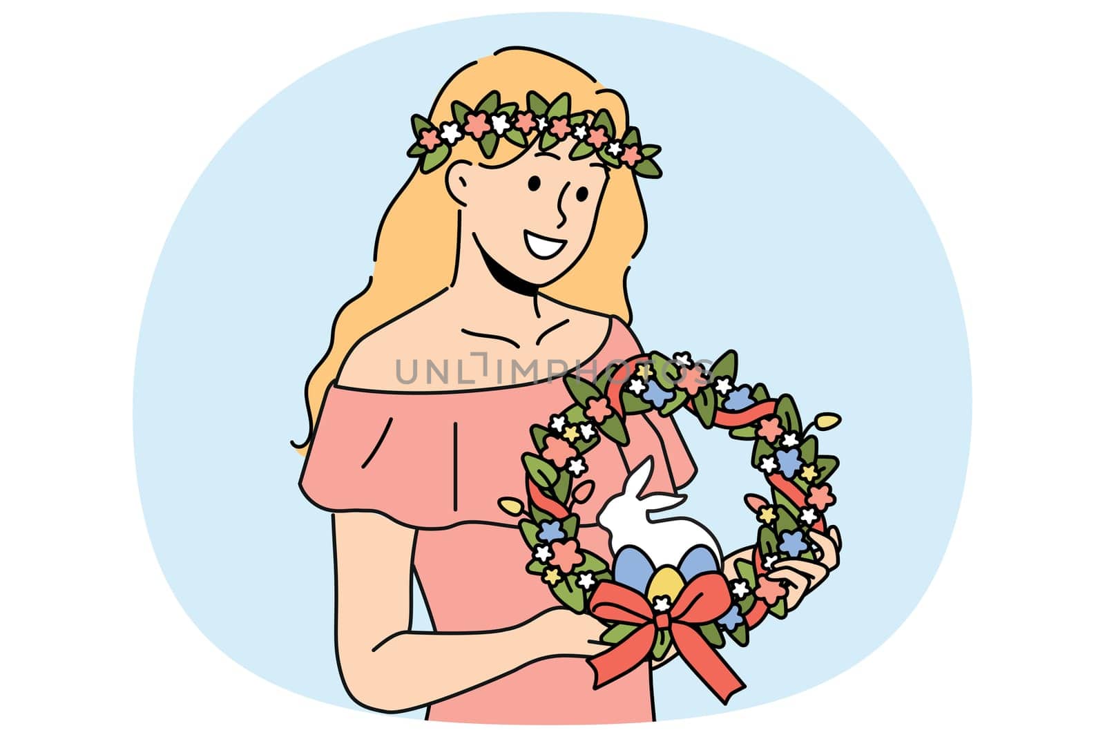 Woman with easter wreath on head smiles and holds colored eggs and miniature rabbit. Girl dressed in pink dress with easter accessories inviting to celebrate religious christian holiday
