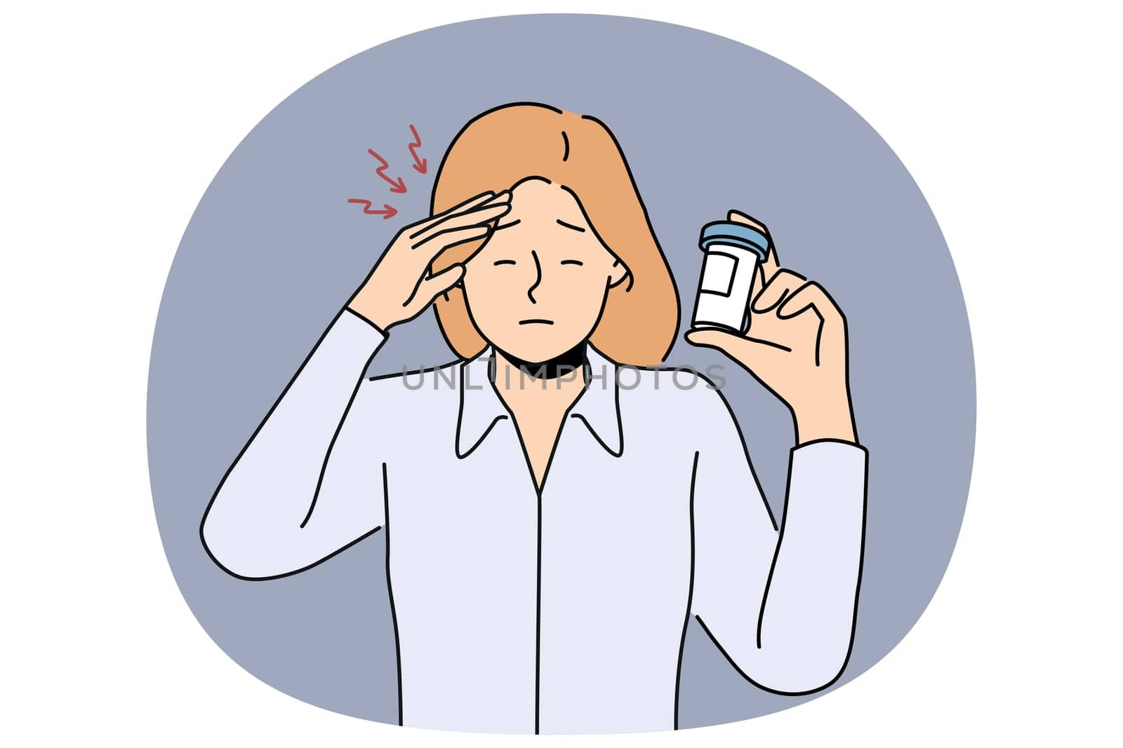 Woman suffers from headache and demonstrates package of medicines to cope with migraine. Girl with migraine or dizziness needs help of pharmacist and doctor due to termination of pills