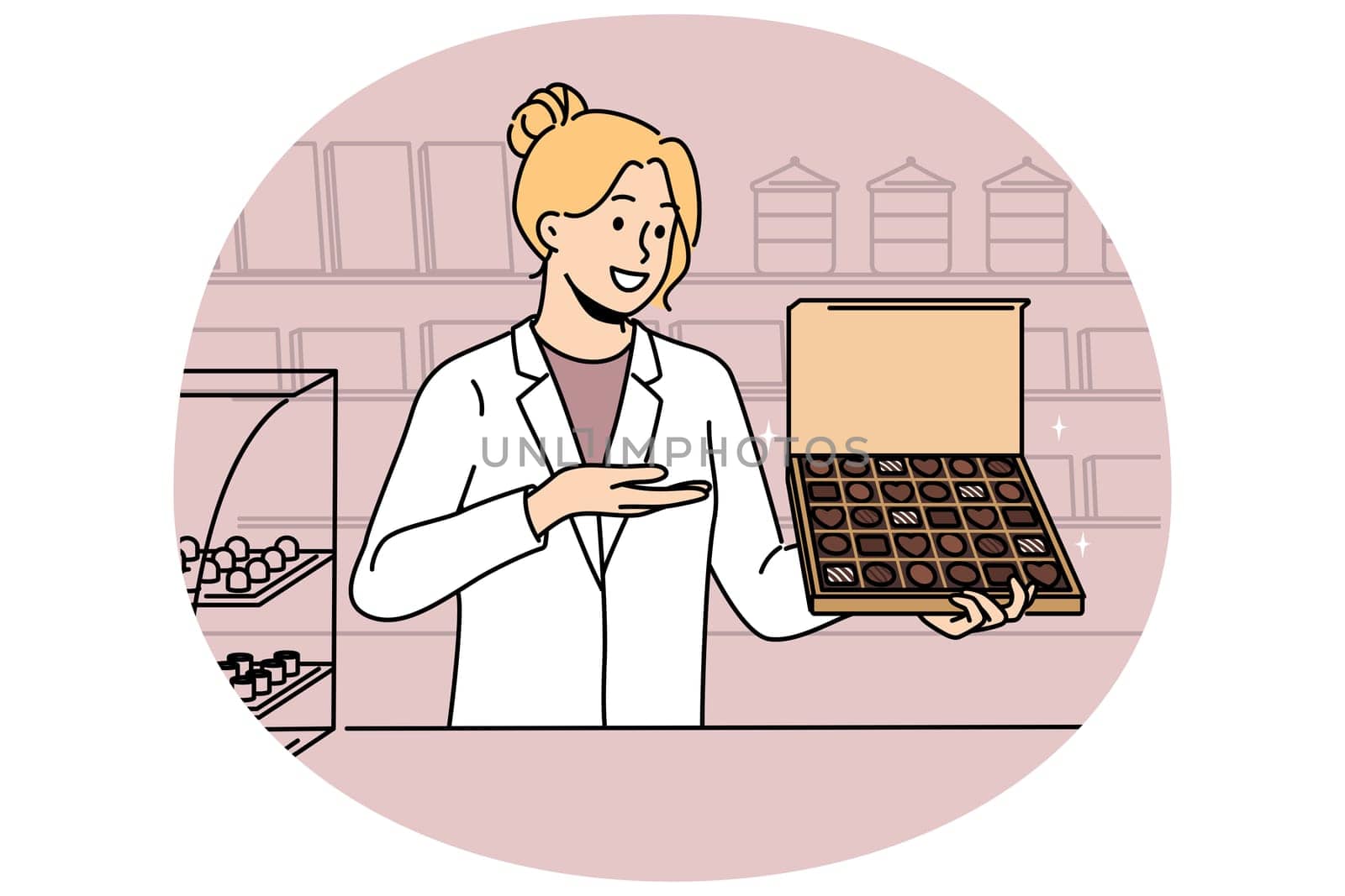 Woman seller with box of chocolates works in confectionery store and offers to buy appetizing dessert made from milk and cocoa. Girl in white coat of seller demonstrates chocolates with smile
