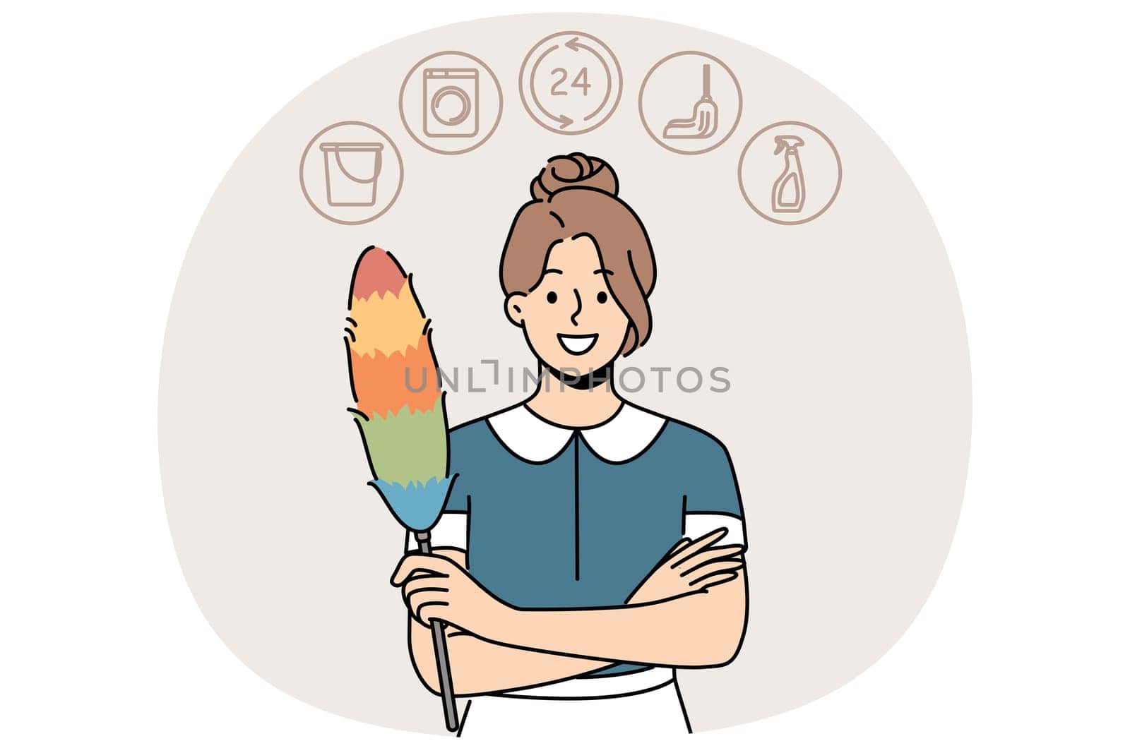 Woman housekeeper or maid with dust brush smiles and looks at screen recommending contacting cleaning company. Maid girl provides services for cleaning apartment or hotel rooms and washing clothes