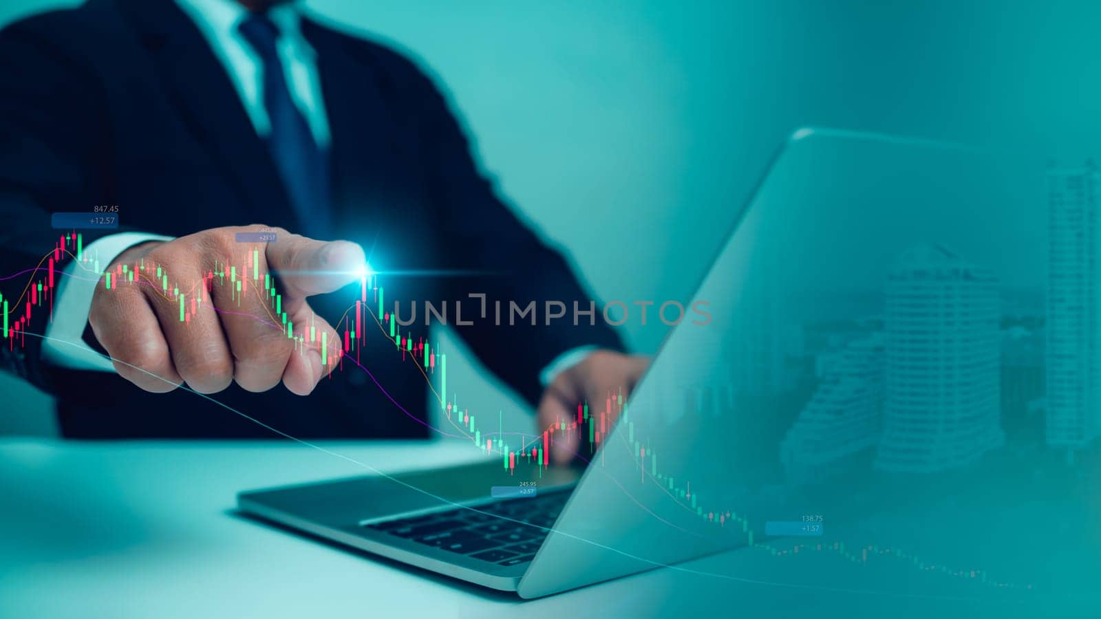 Businessman hand pointing at candlestick chart on black background, internet trading concept, Financial crisis or recession concept, Businessman touching chart with finger, Forex, Stock trading online