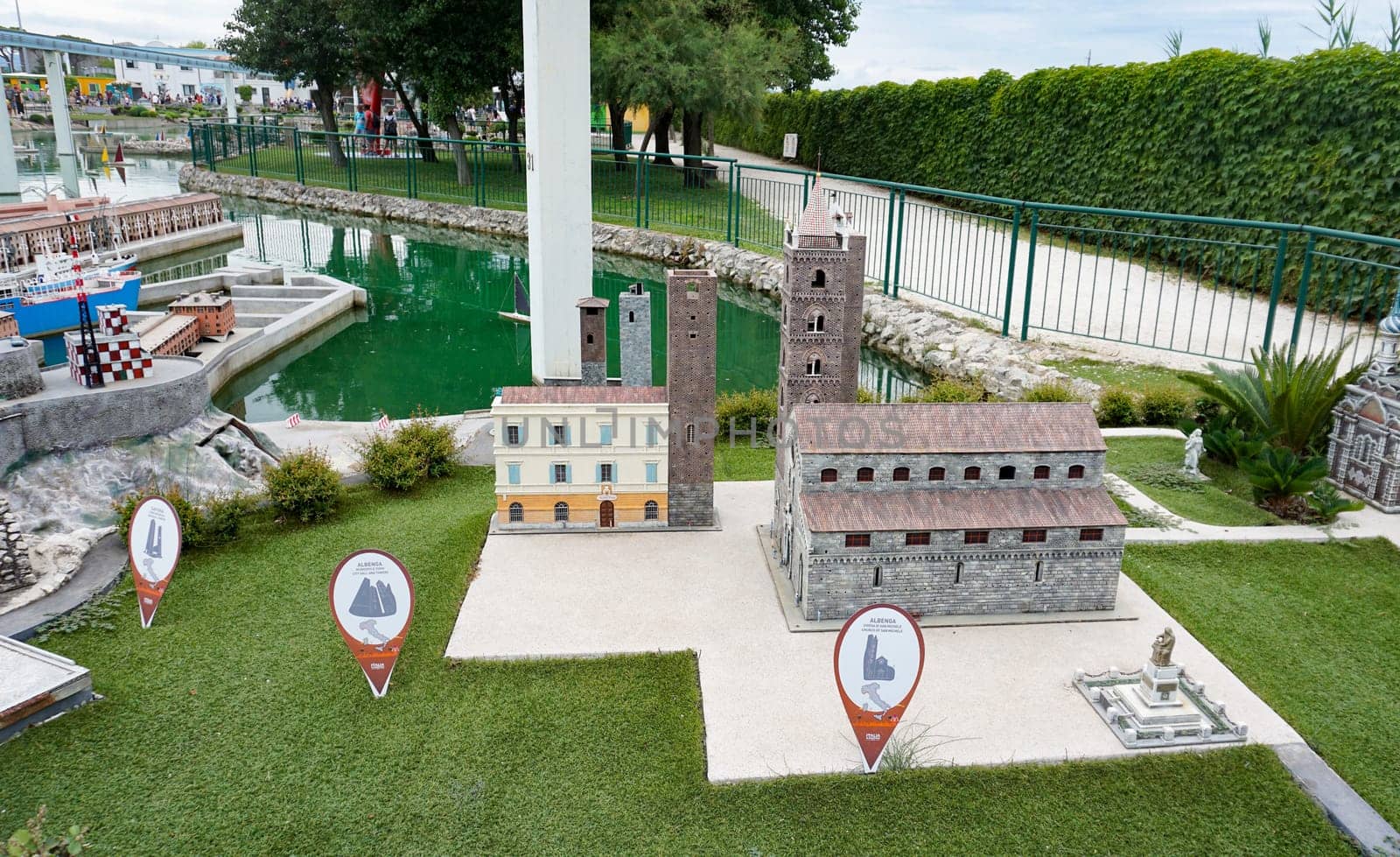 Viserba, Italy - June 25, 2024: Albenga at Theme park Italy in Miniature or Italia in Miniatura in Rimini, Italy - Reproduction of famous attractions in a small scale