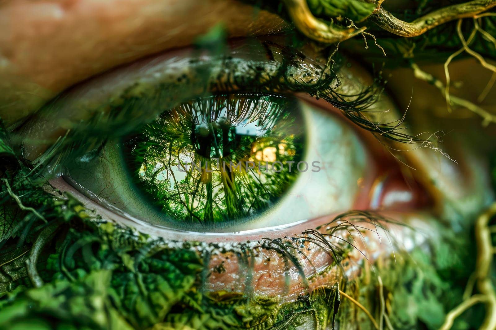 A surreal image of the human eye surrounded by green leaves and plants. Environment and wellness concept. AI generated