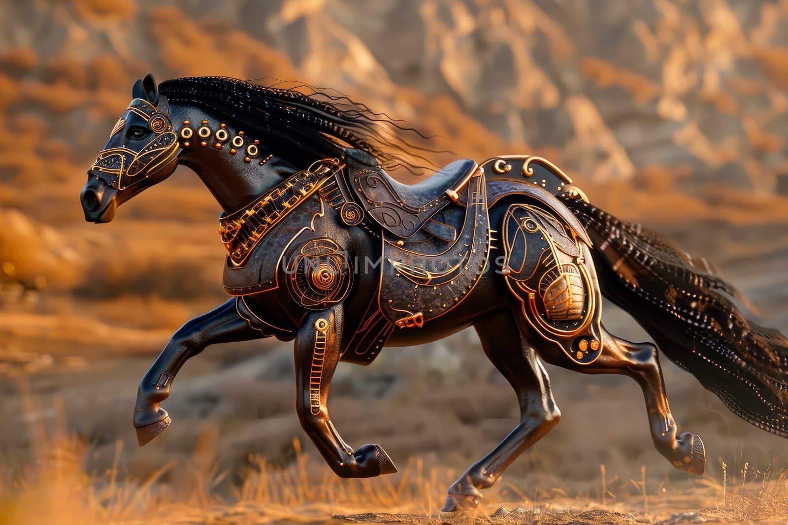 Metalic mechanized horse galloping in a deserted field, side view. AI generated