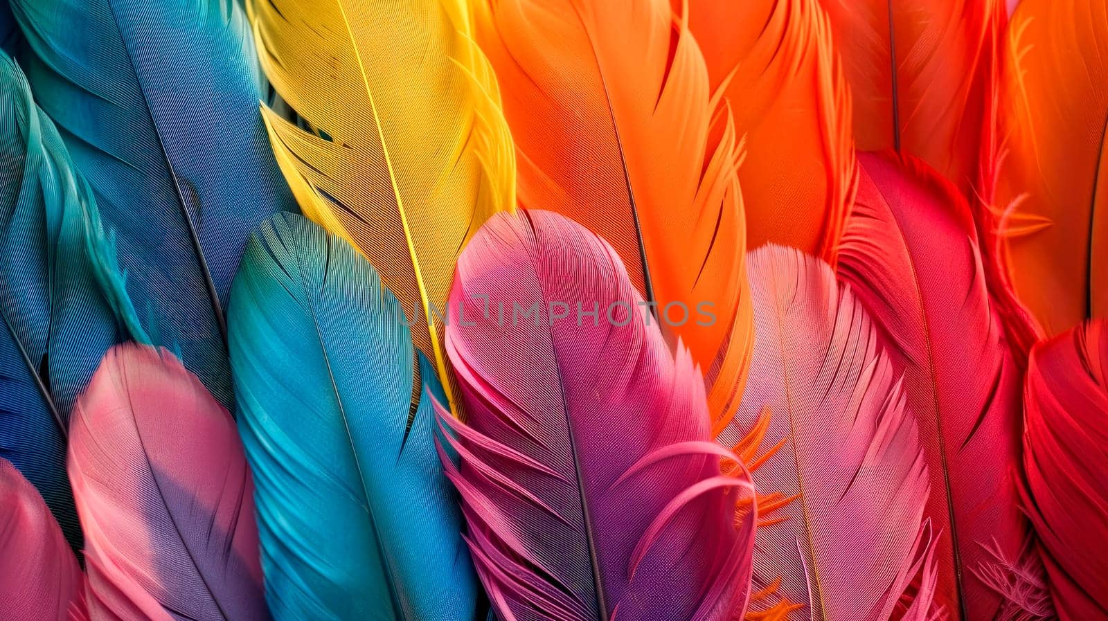 Multicolored feathers background, rainbow colors. Feathers in LGBTQ colors, close up view. AI generated