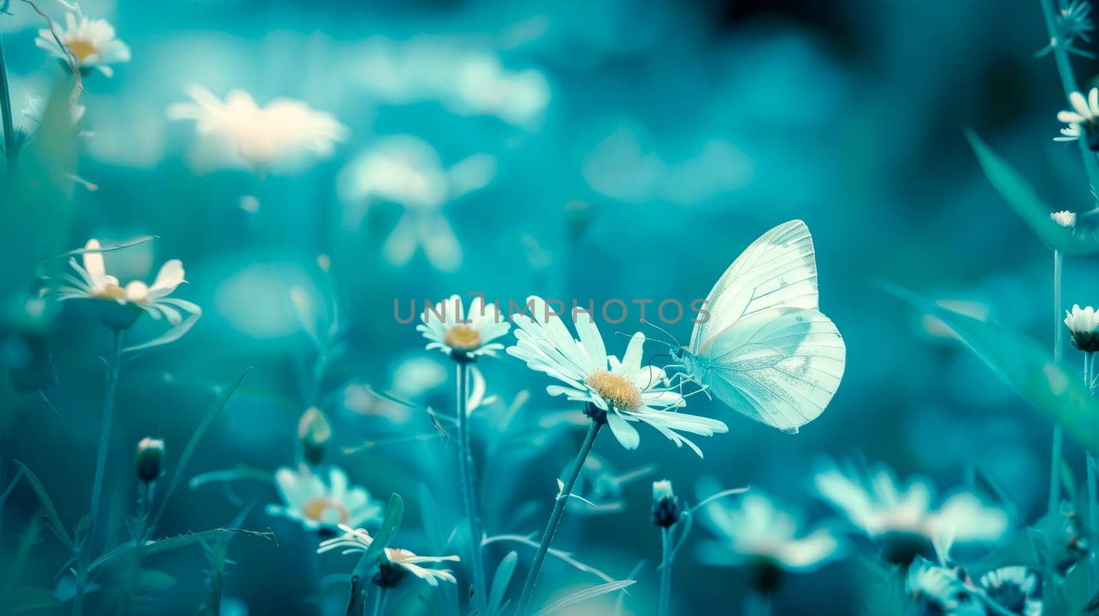 Butterfly in morning haze in a summer field with beautiful wild chamomile flowers. AI generated