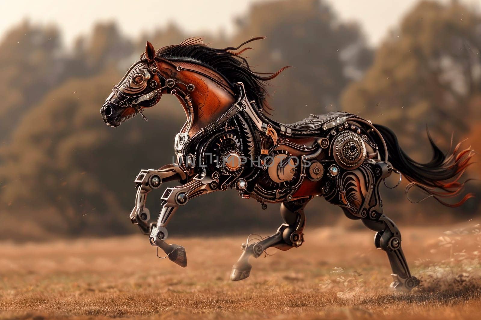 Metalic mechanized horse galloping in a field, side view. AI generated