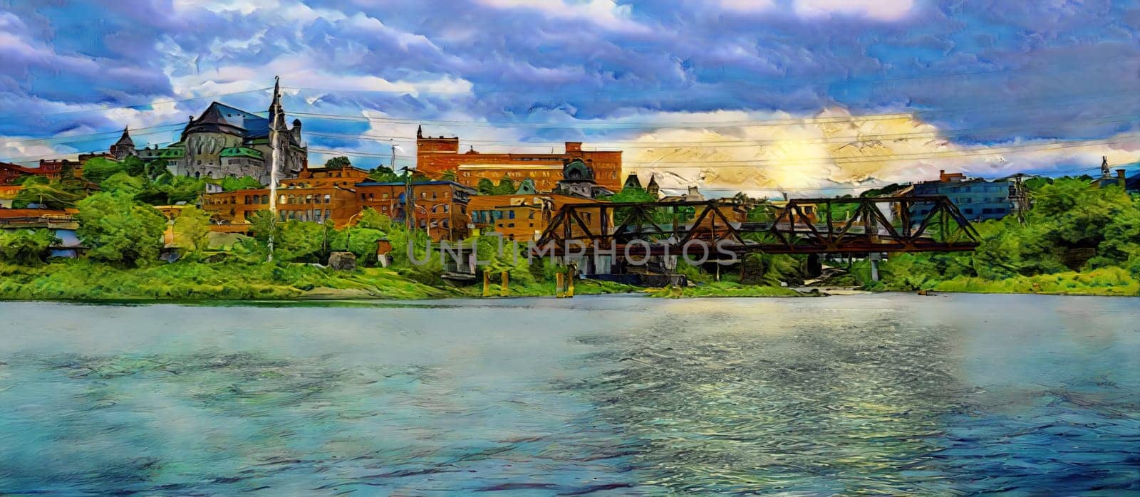 Sherbrooke river city downtown landscape painting Quebec Canada panoramic riverside Eastern Townships tourism destination illustration