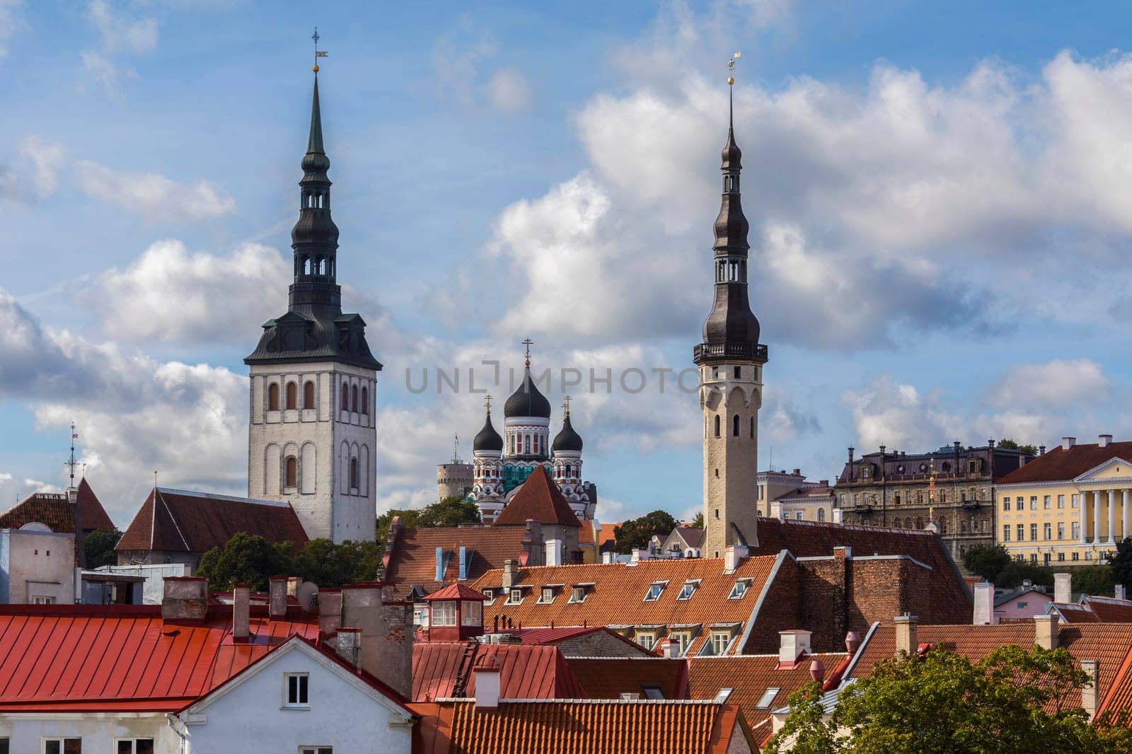 Skyline of Tallinn in Estonia. The three churches are - St Nicholas Church, Alexander Nevsky Cathedral and the Church of the Holy Spirit.