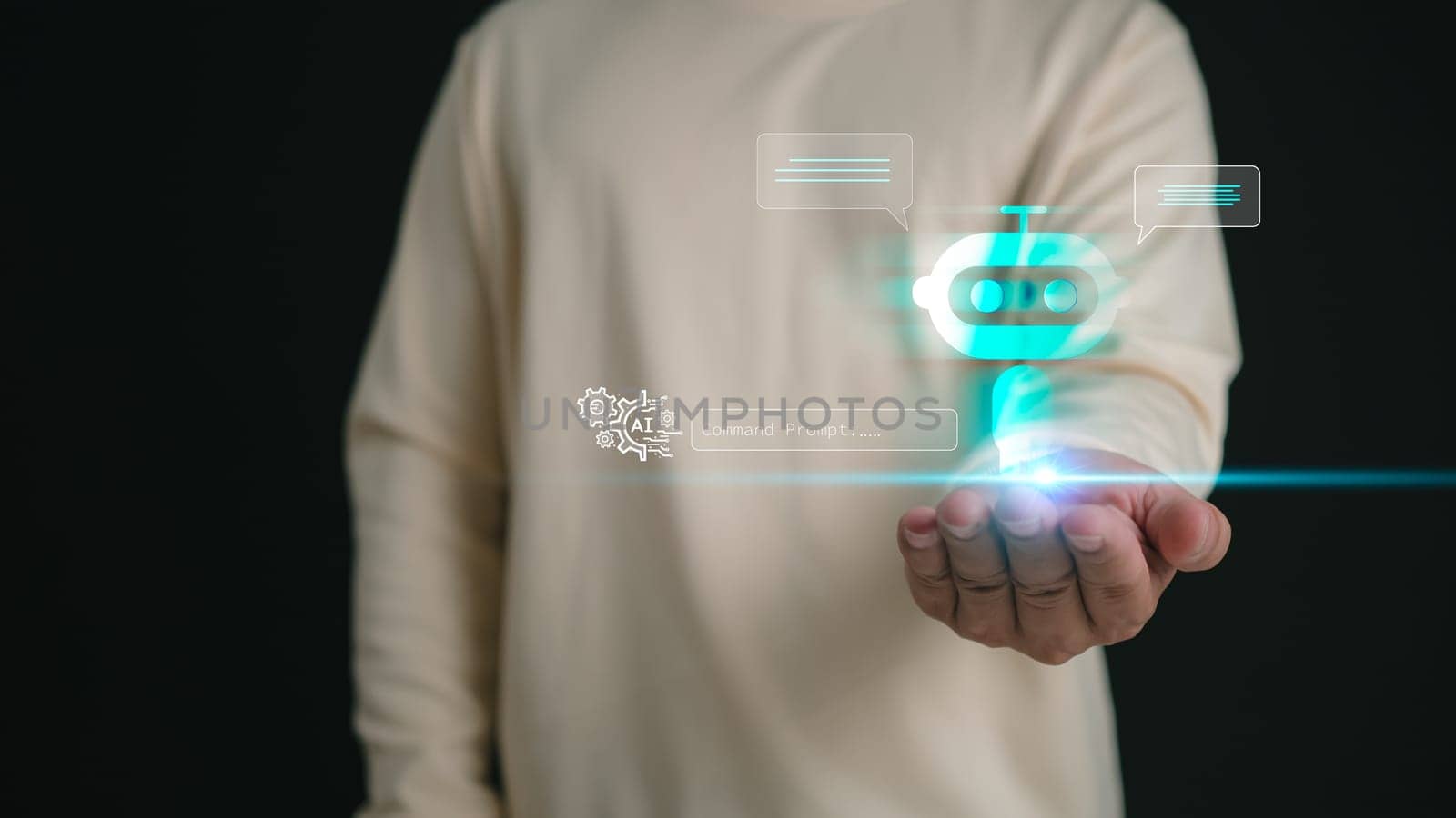 Man using technology smart robot AI, Artificial Intelligence, Chatbot, Chat with AI, Futuristic technology transformation, artificial intelligence by enter command prompt for generate something.