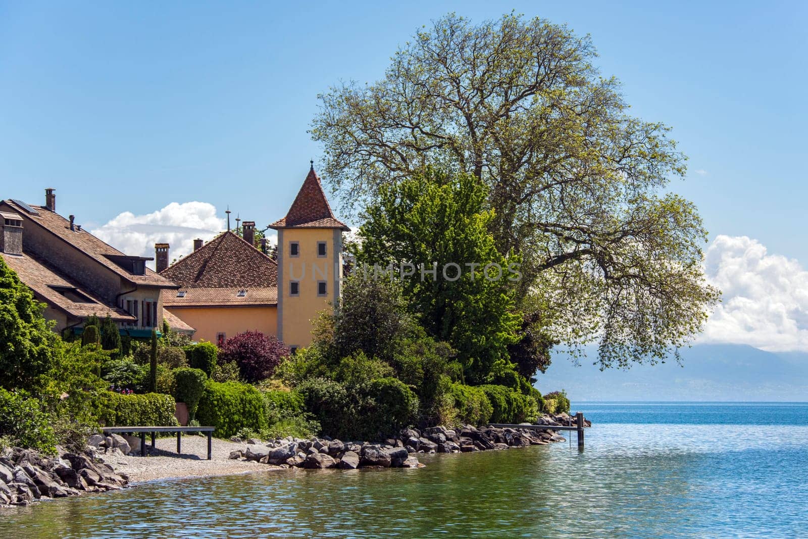 The shoreline near the town of Morges on the north shore of Lake Geneva in the Vaud canton in Switzerland.