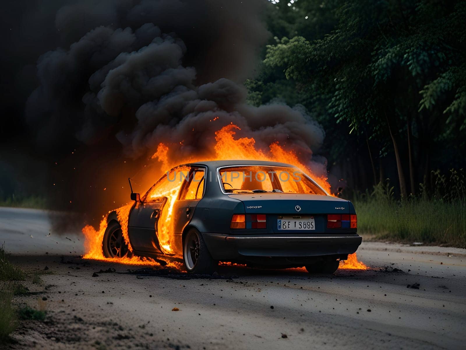 Burning car after accident explosion