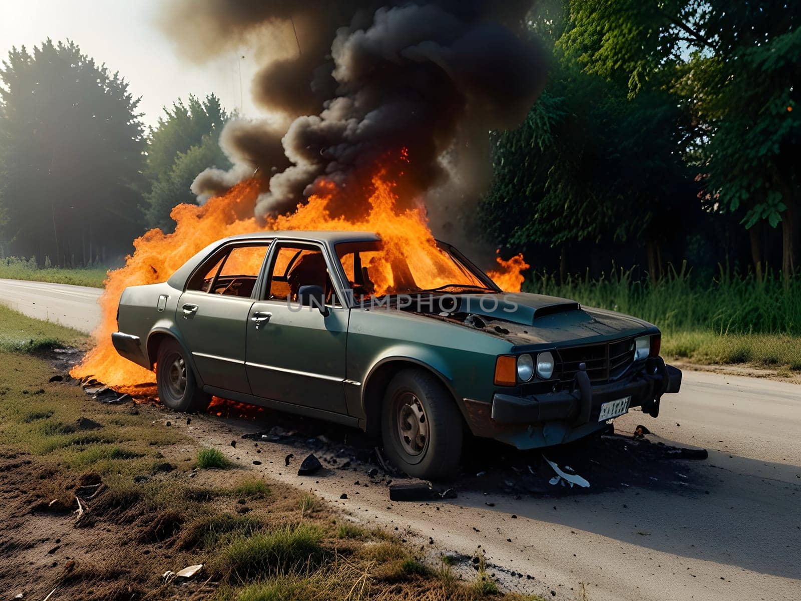 Burning car after accident explosion