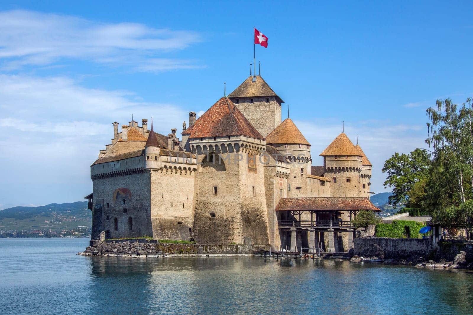 The medieval castle of Chateau de Chillon on the north shore of Lake Geneva in Switzerland. Parts of the castle date from 1005AD.