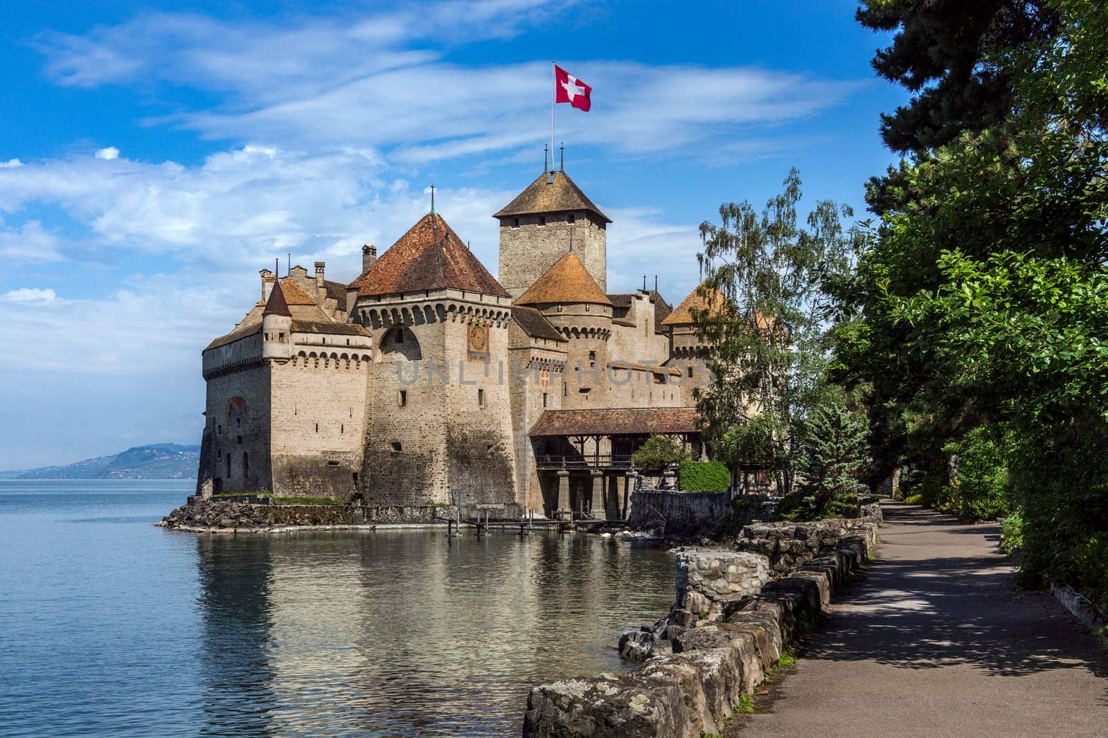 The medieval castle of Chateau de Chillon on the north shore of Lake Geneva in Switzerland. Parts of the castle date from 1005AD.