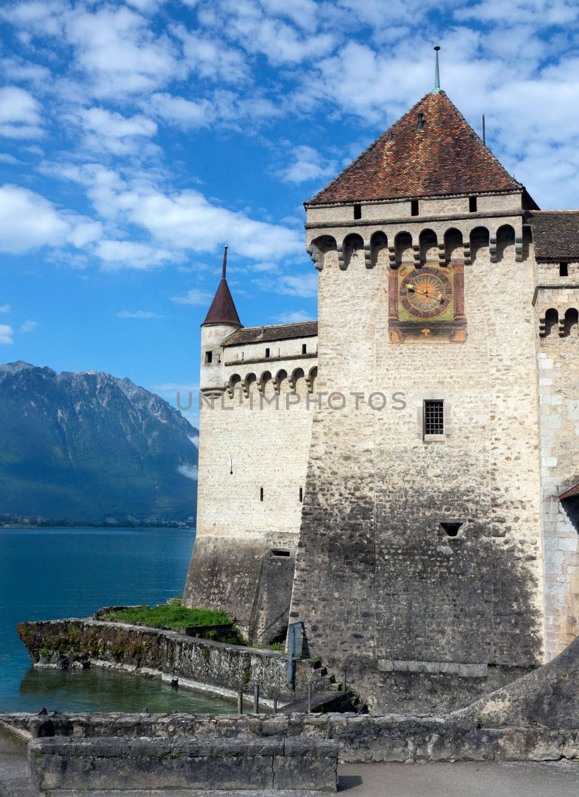 The medieval castle of Chateau de Chillon on the north shore of Lake Geneva in Switzerland. Parts of the castle date from 1005AD.