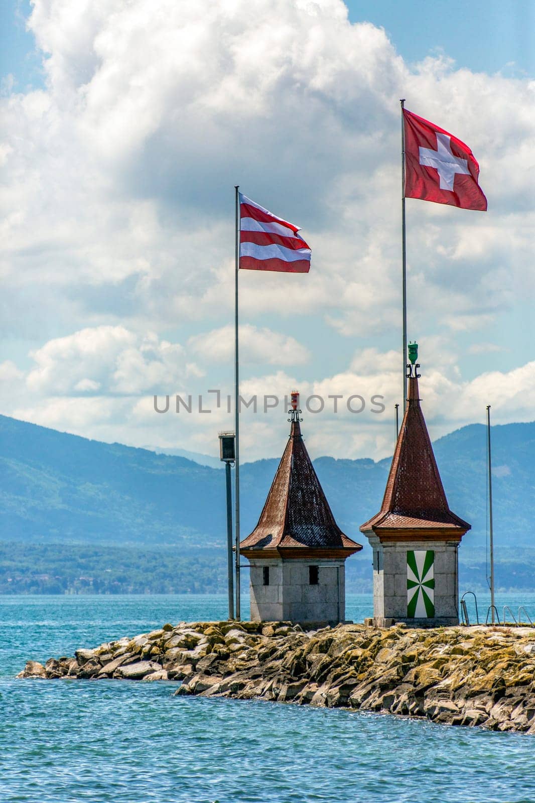 Entrance to the harbor in the town of Morges on the north shore of Lake Geneva in the Vaud canton of Switzerland.