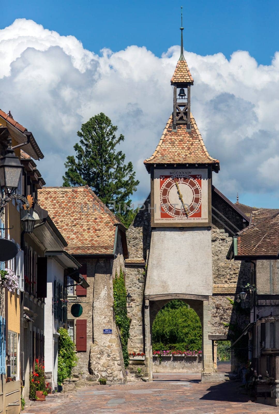 Clock tower in the town of St Prex on the northern shore of Lake Geneva in the Vaud canton of Switzerland.