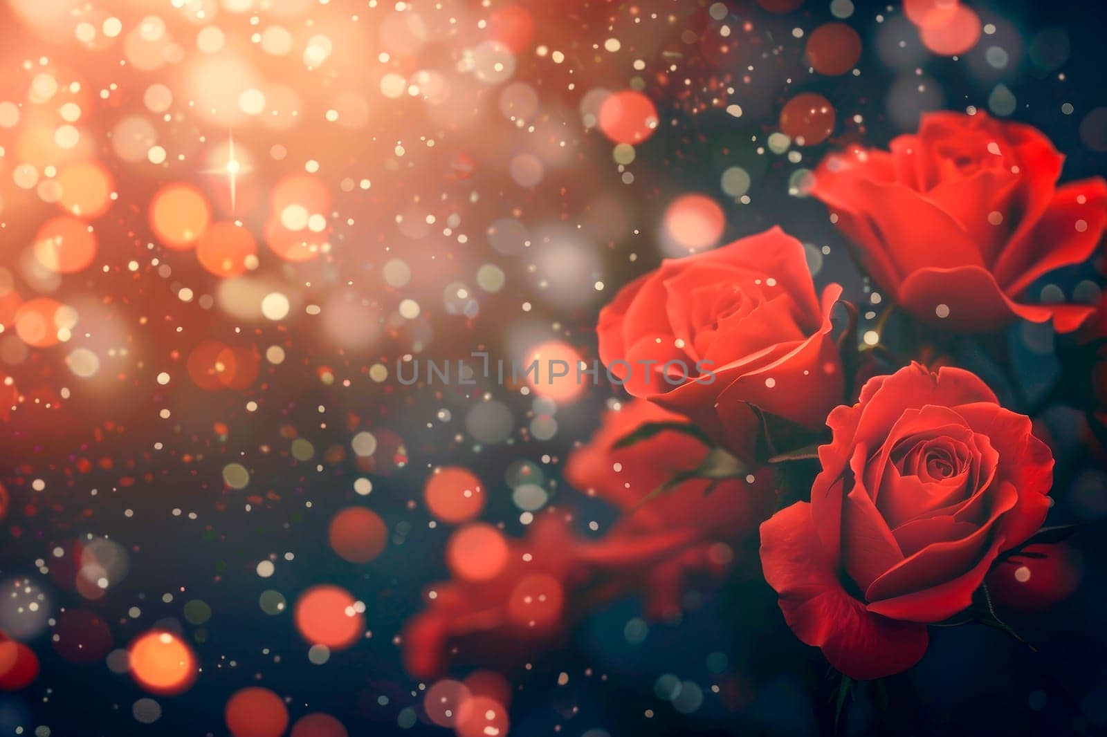 Red roses bouquet with blurred shining bokeh. Greeting card. Summer or spring floral composition. AI generated