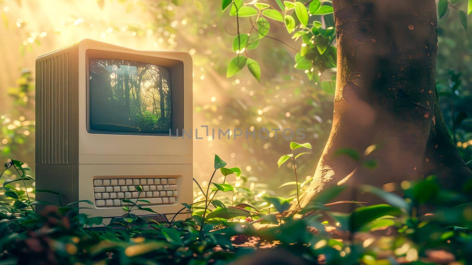 Outdated  personal computer in a forest. Remote Job concept.  AI generated