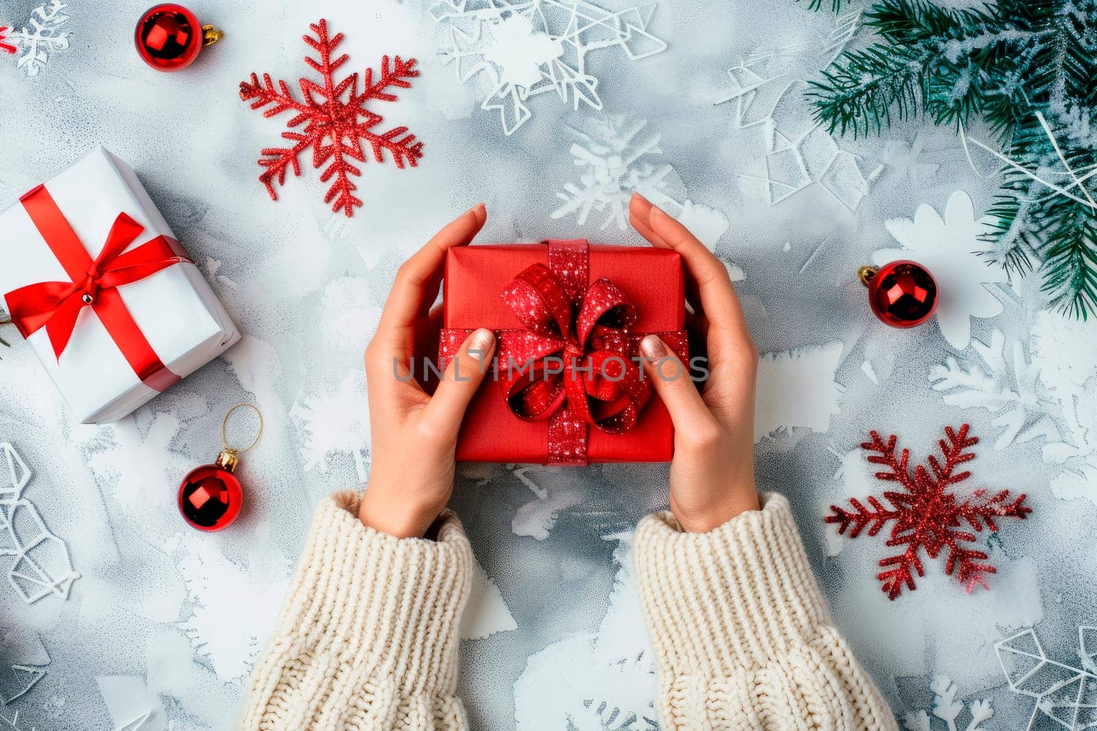 Woman takes Christmas craft gift box with xmas decorations on the table. Handmade christmas gift. Top view. Christmas eve preparation.  AI generated