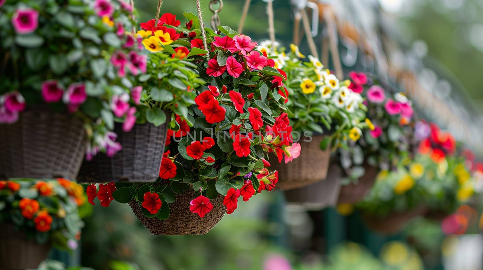 A line of suspended baskets, elegantly arranged.