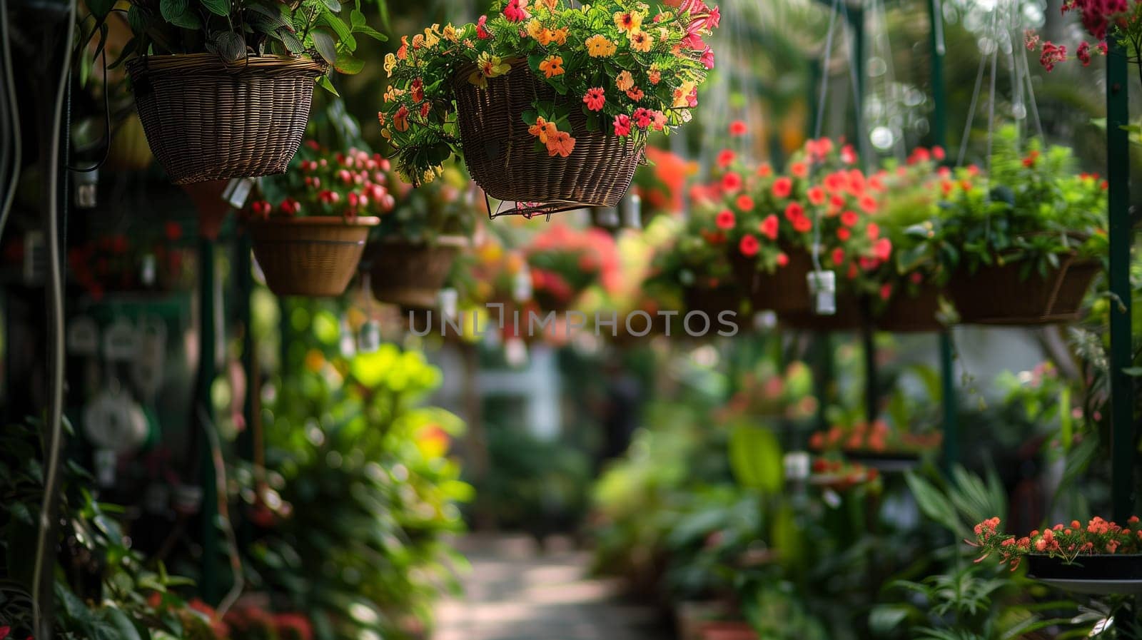 A lineup of suspended baskets.