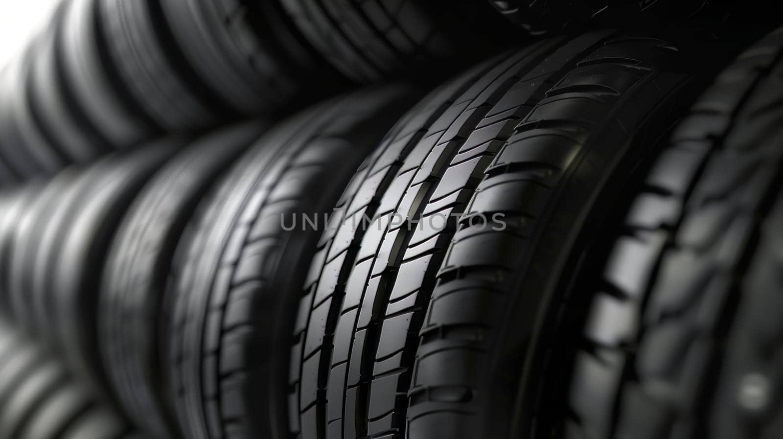 A pristine series of neatly stacked tires, each boasting a vivid black hue, showcasing their fresh and unused condition.