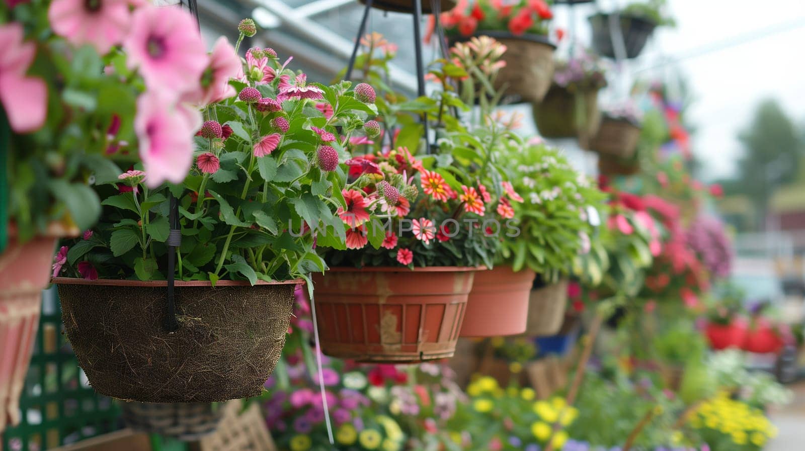 A line of suspended baskets.