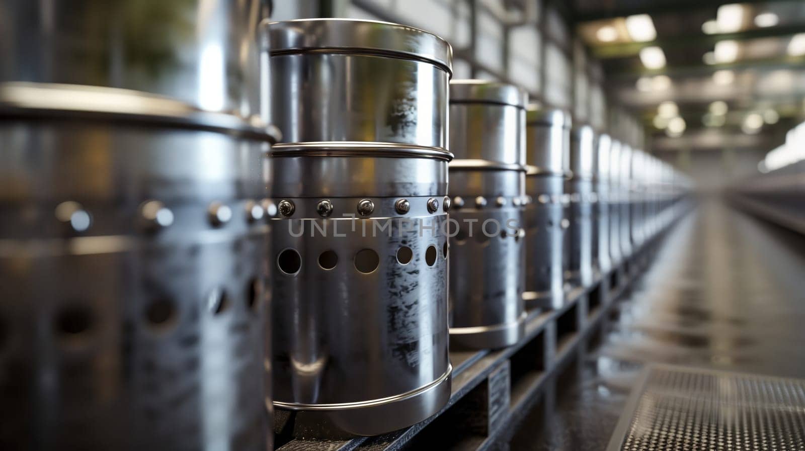 A row of metal drums, neatly aligned and shimmering under the sun's glare.