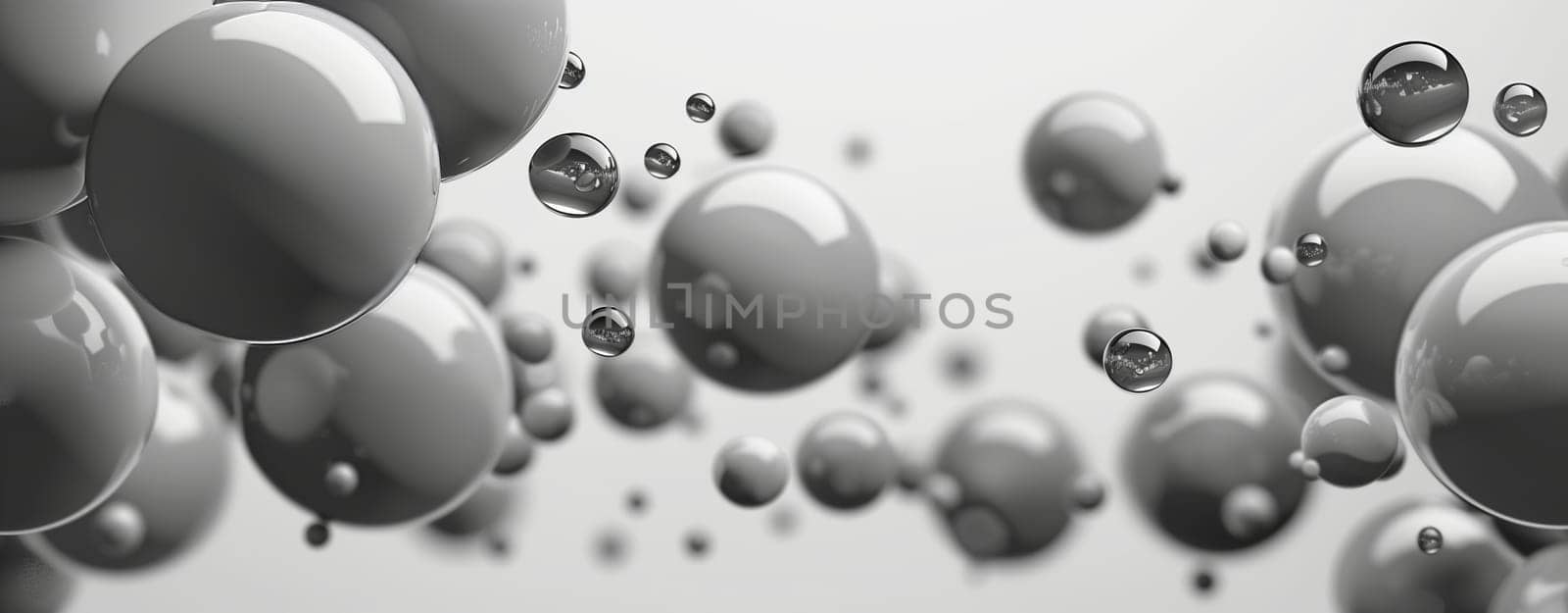 Abstract bubble design in grayscale, depicting spheres in a symmetric pattern, floating on a solid backdrop for depth. Ideal for logos symbolizing unity, diversity, and innovation in vector, 2D, or flat style.