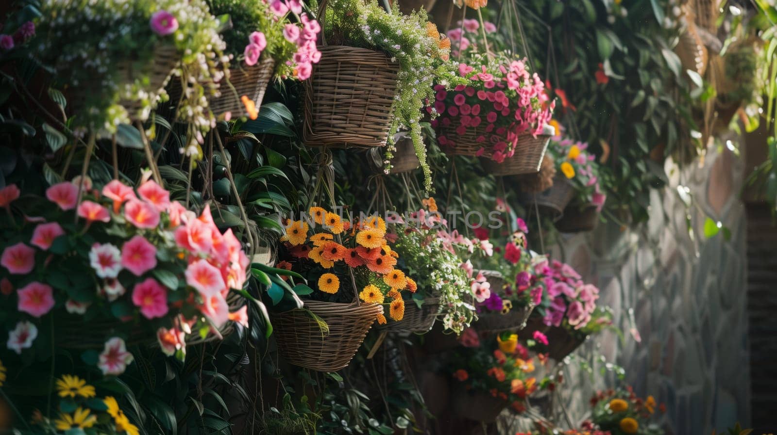 A line of suspended baskets meticulously arranged, showcasing a variety of vibrant flowers and lush greenery, adding beauty and charm.