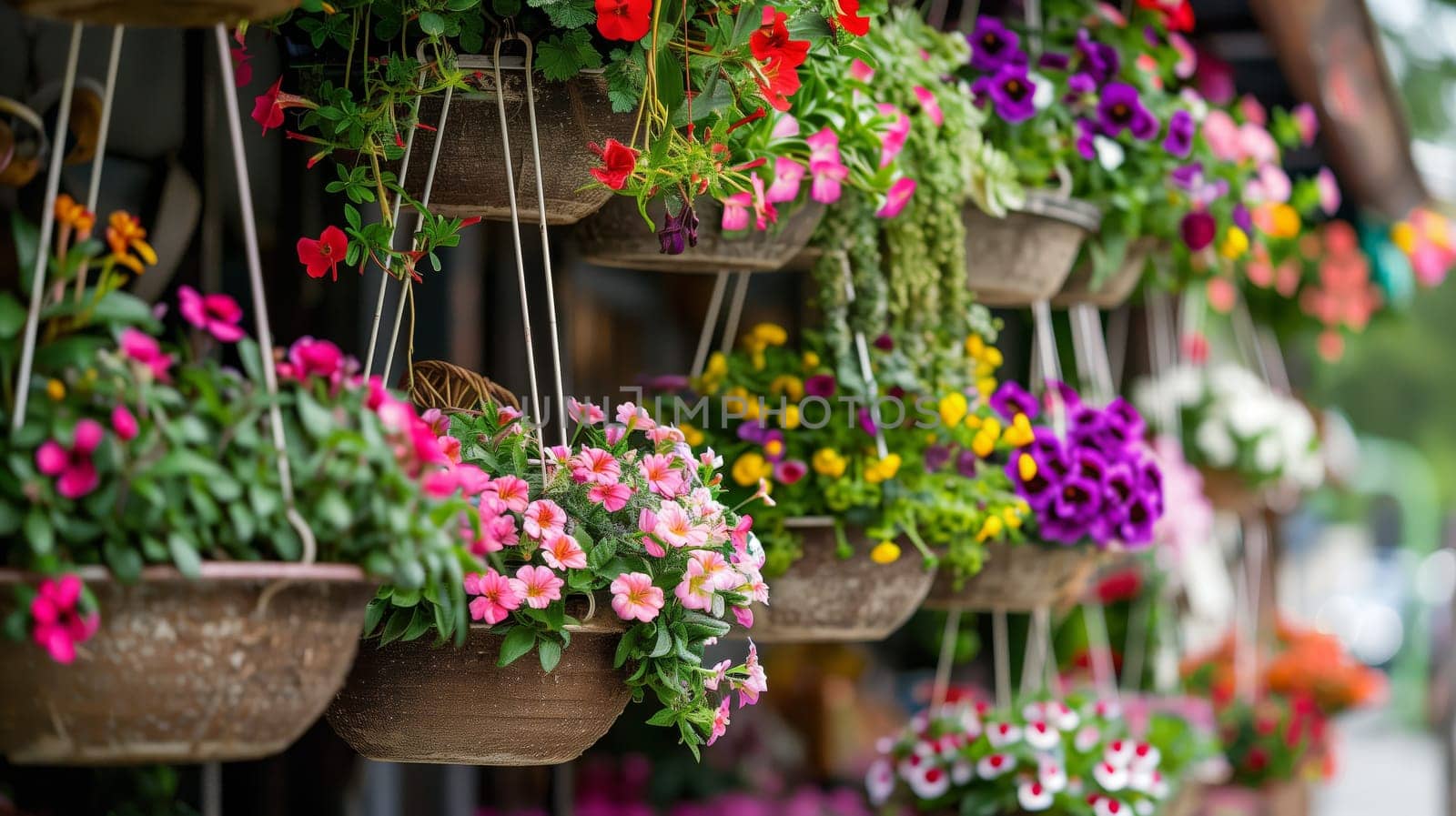 A lineup of suspended planters adorned with vibrant flora, creating an eye-catching display.