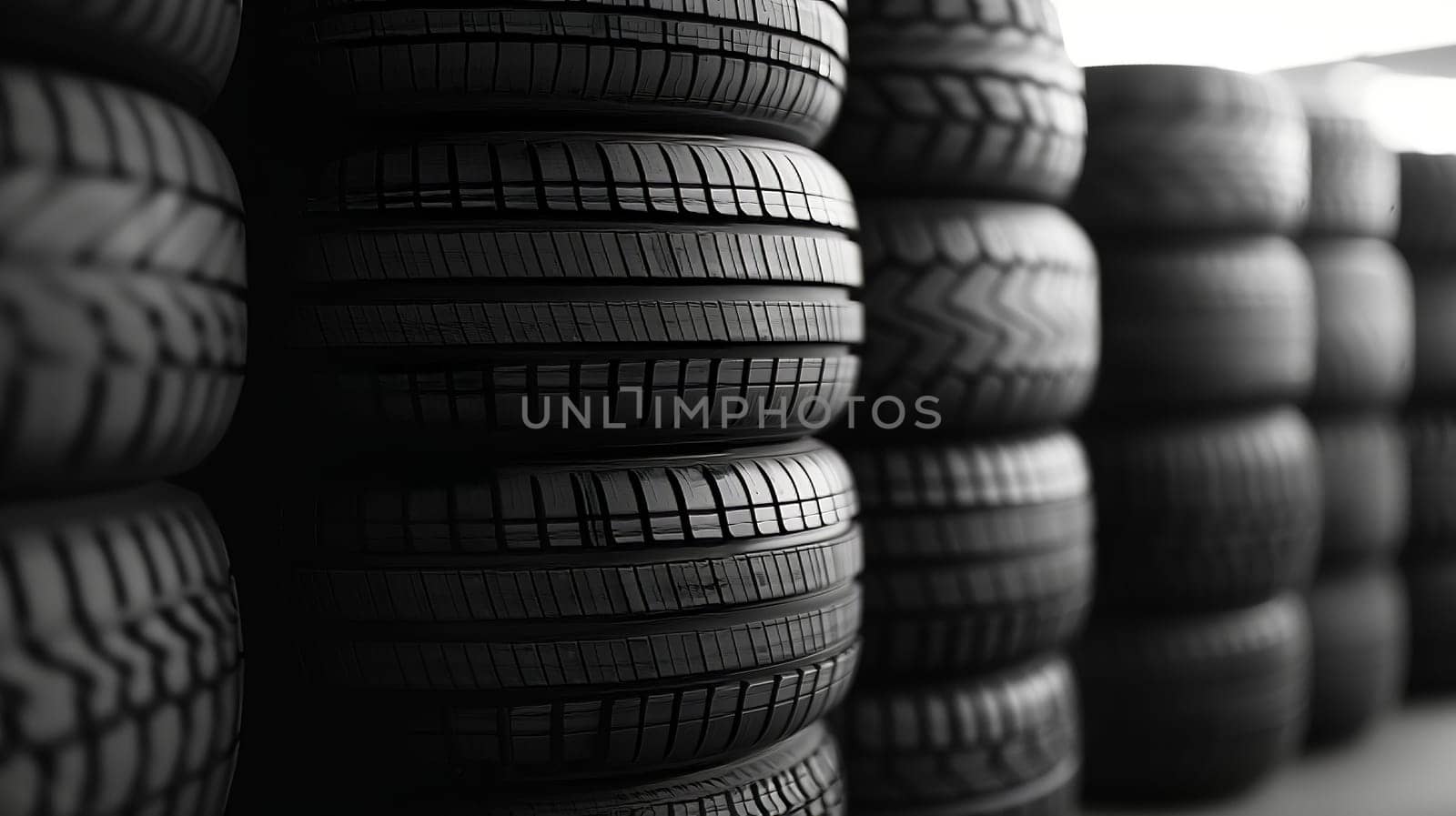A collection of freshly stacked tires, showcasing their pristine black hue.