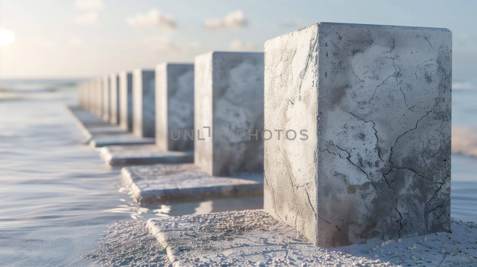 A continuous row of concrete blocks has been meticulously aligned.