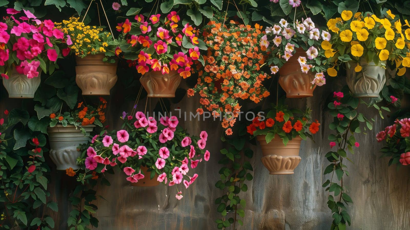 Refine and expand: "A line of hanging baskets."" Corrected & expanded: ""A beautifully arranged row of vibrant hanging baskets."""