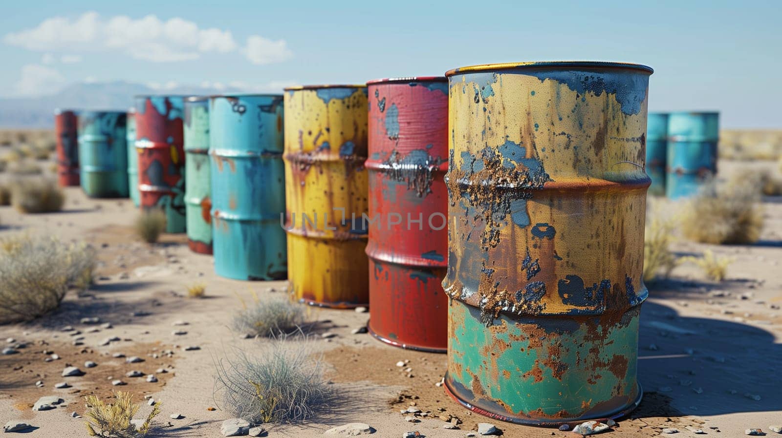 A collection of oil barrels arranged in sequence.
