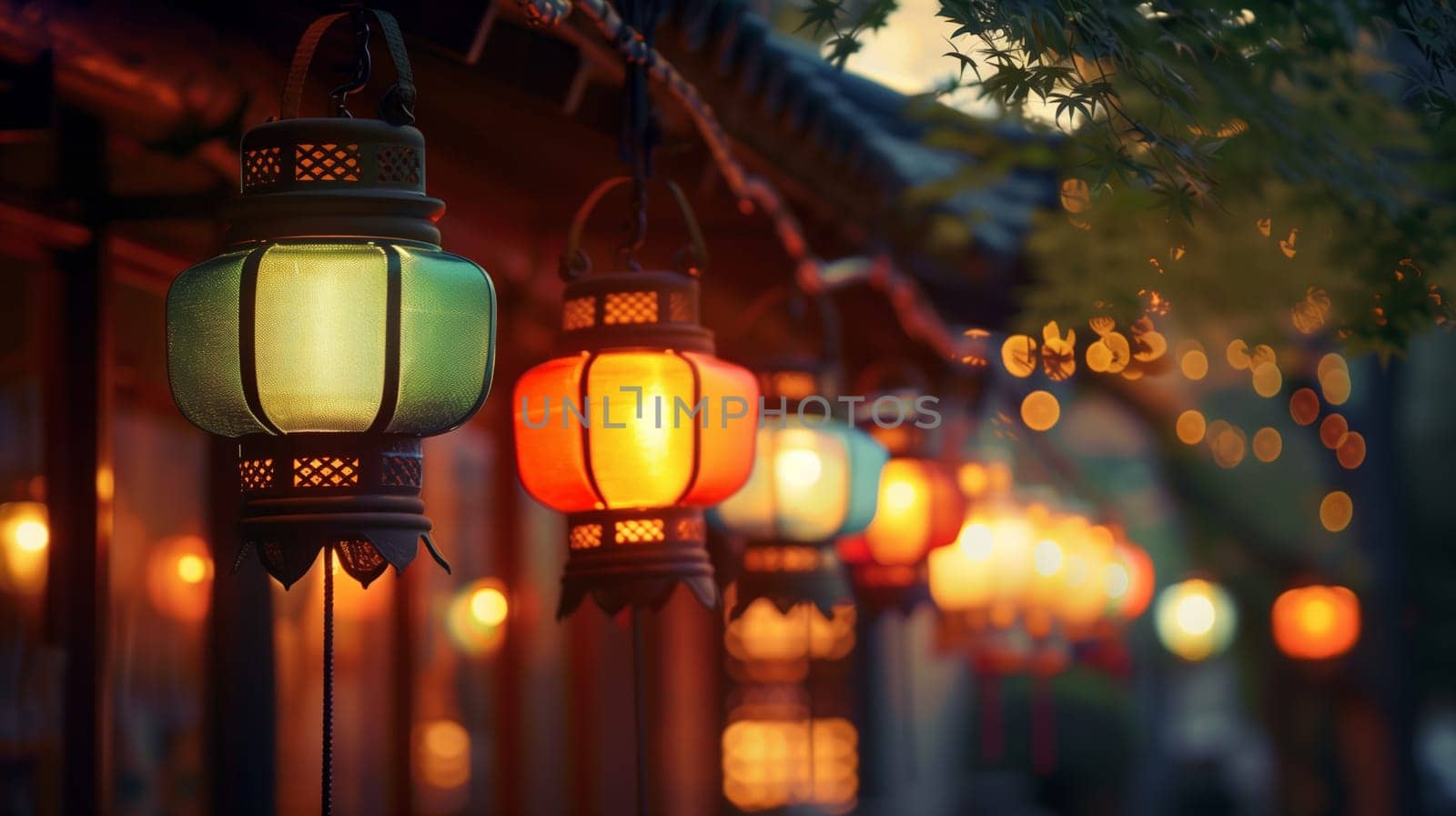 A row of lanterns hangs gracefully, illuminating the night with a cozy, soft glow.