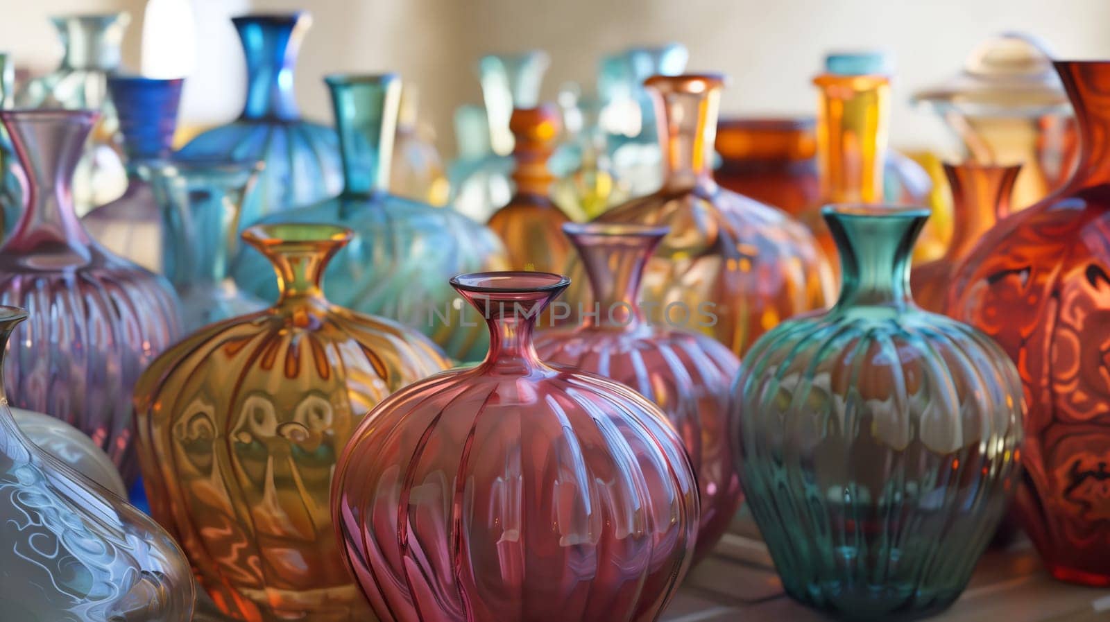 A collection of glass vases, each uniquely crafted to capture and reflect light beautifully.