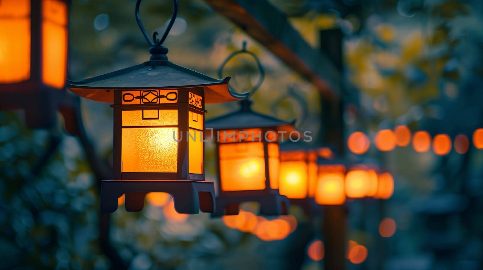 A string of lanterns hanging gracefully, illuminating the area with a soft, warm glow.