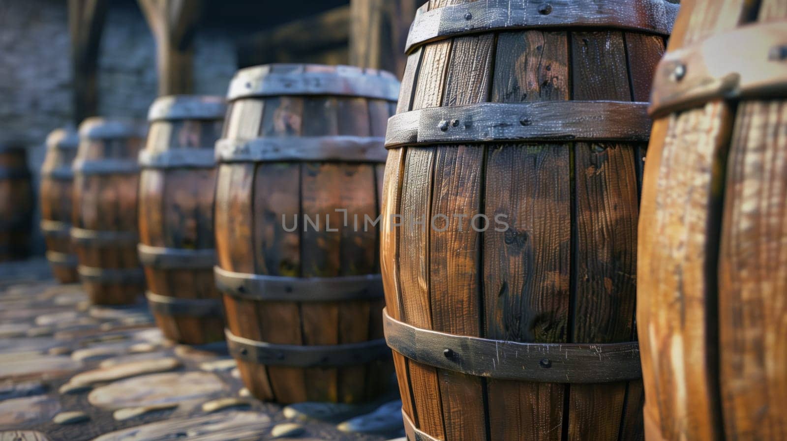 A line of sturdy, wooden barrels, neatly aligned, showcases traditional craftsmanship.